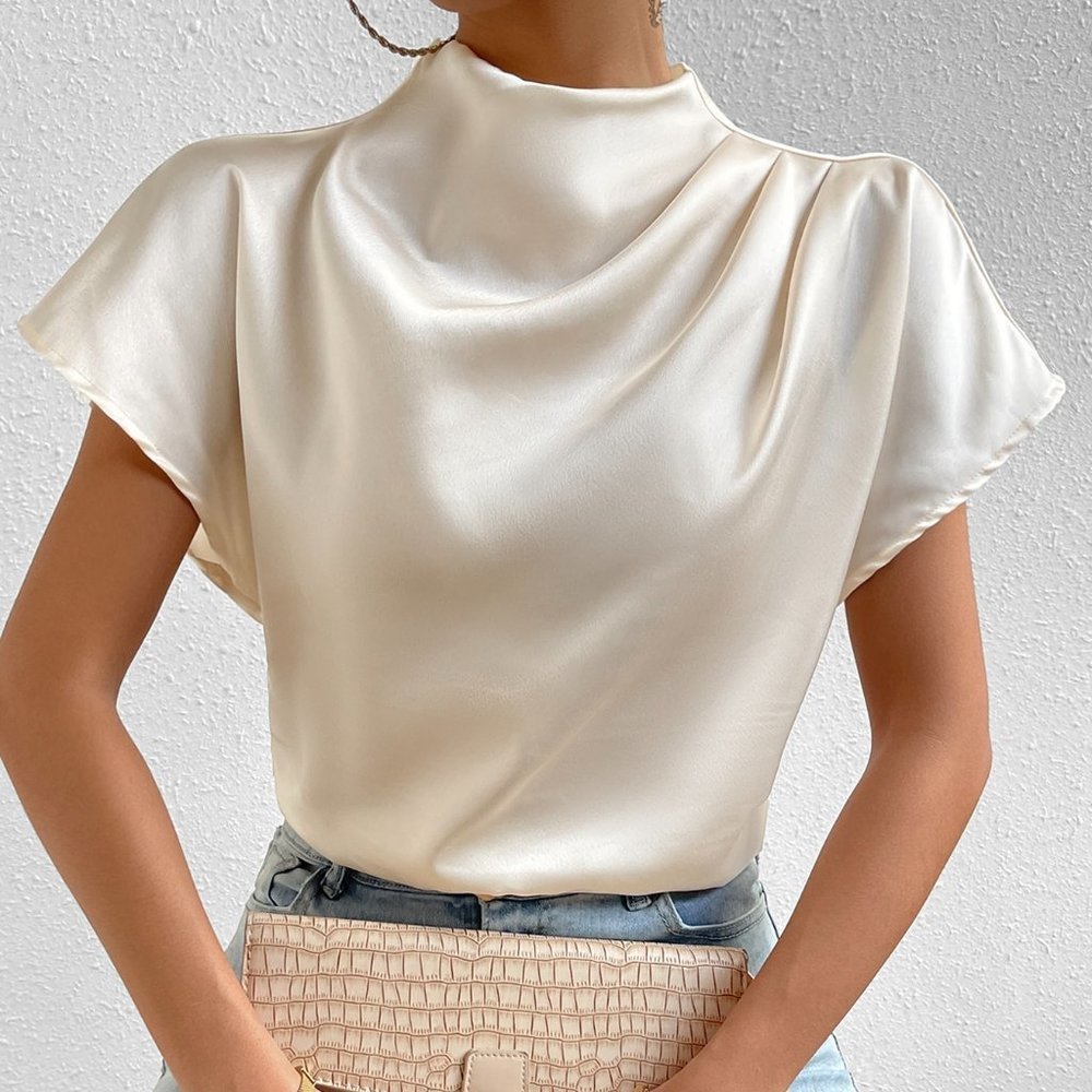 Apricot Casual Womens Mock Neck Batwing Sleeve Satin Blouse - Picture 4 of 5